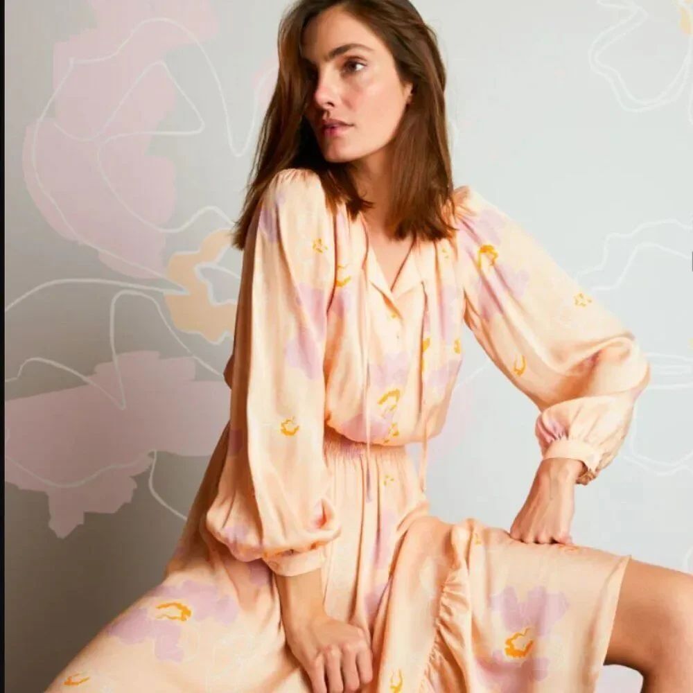 Tucker NYC Juliette Dress Nude Contour in Stretch Georgette Silk Midi Floral